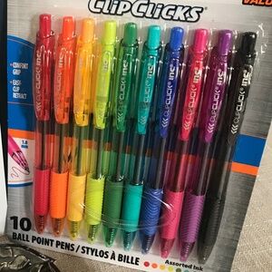 Pack of ten Rainbow Clip Clicks Ball Point Pens Inc. Assorted Ink Colors Comfort